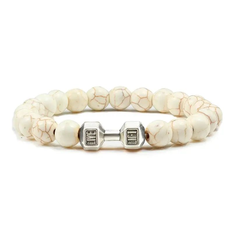 Natural Volcanic Stone Bracelet For Men And Women Matte Black Lava White Beads Dumbbell Charm Strand Fitness Jewelry