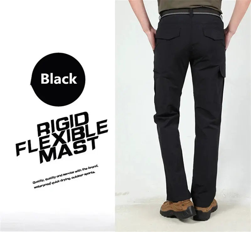 Military tactical cargo pants for men in black with multiple pockets, waterproof and wear-resistant.