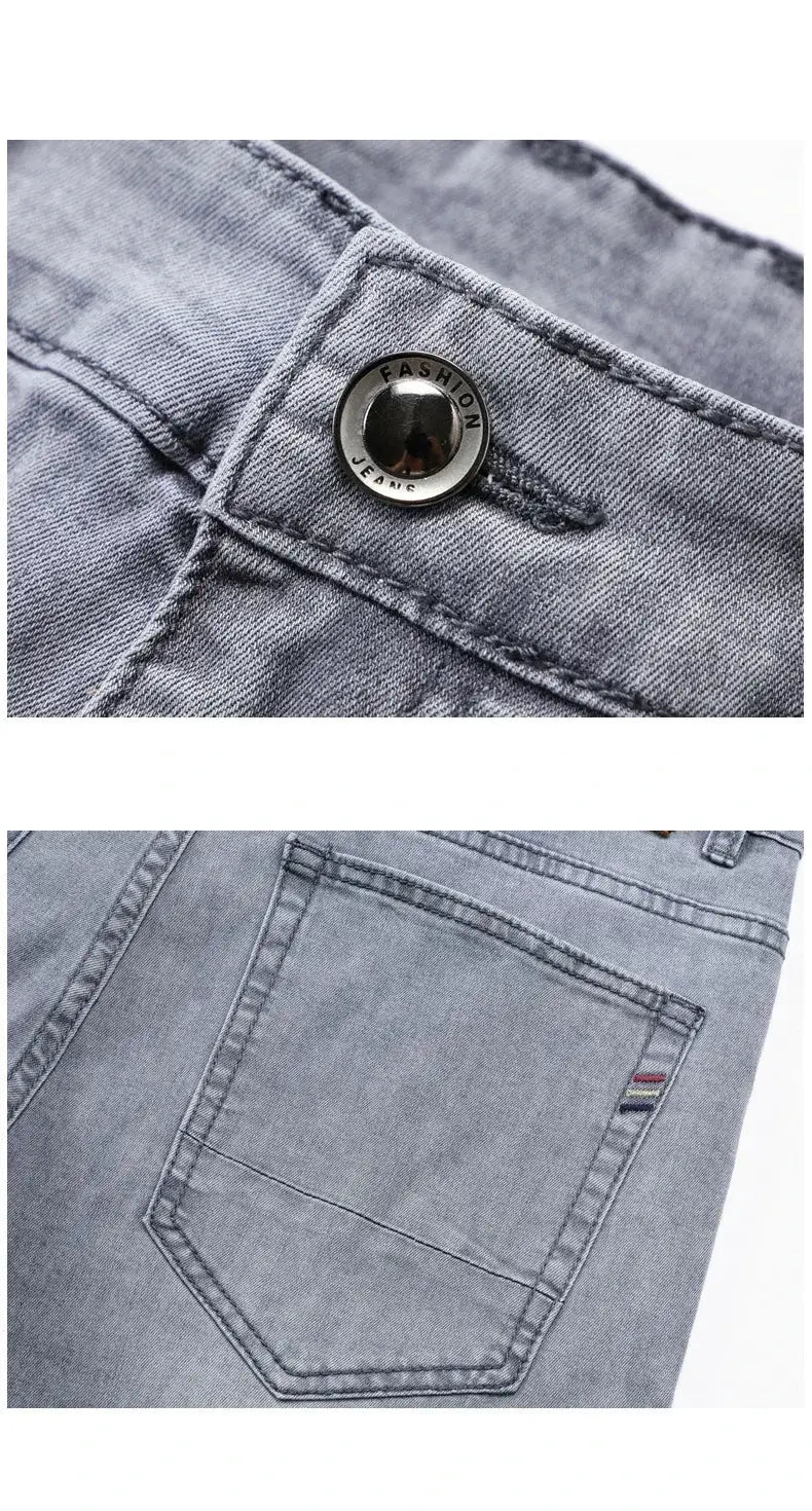 Men's gray denim jeans with metal button and back pocket detail; casual straight-fit pants.