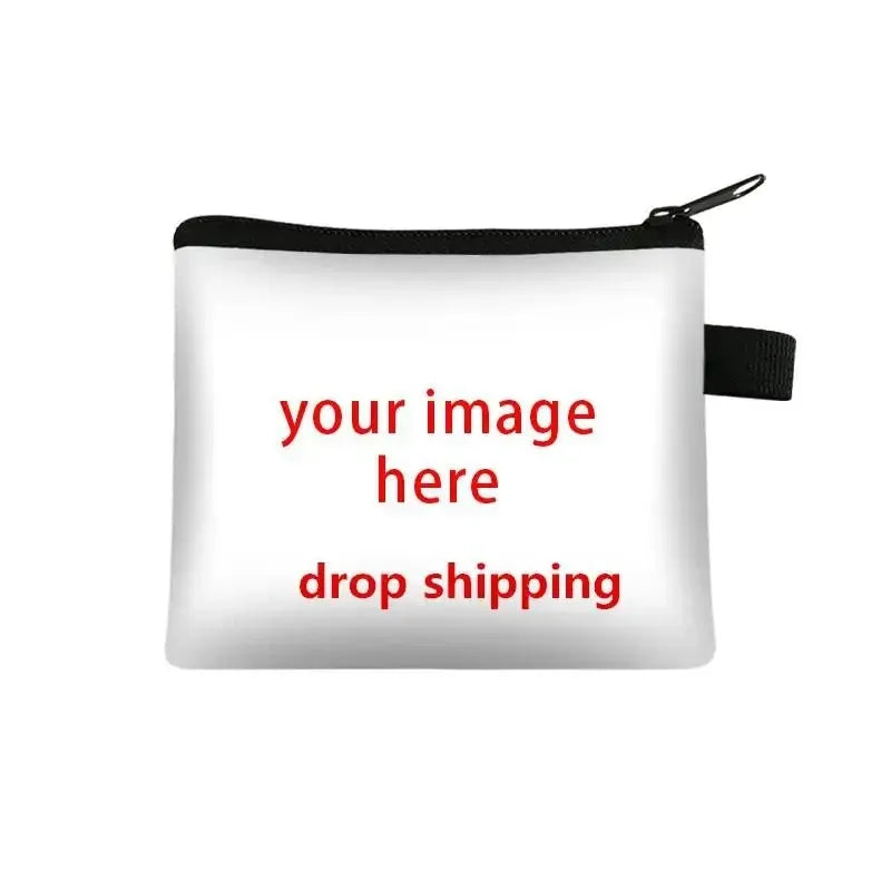 Coin purse, white with black zipper and side strap; DIY customizable logo pouch