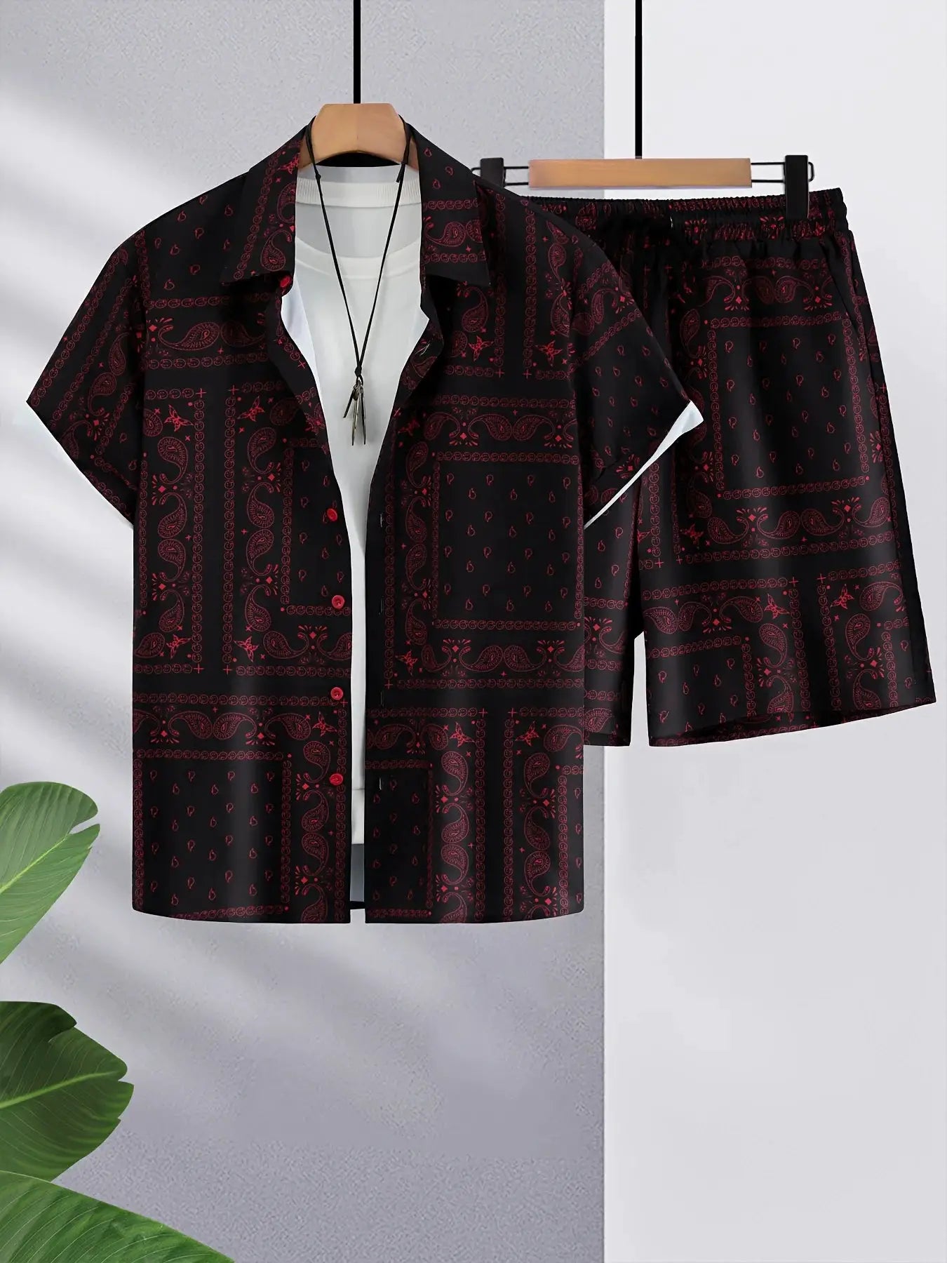 Bandana print shirt and matching black swim shorts set with red pattern by Simples Market