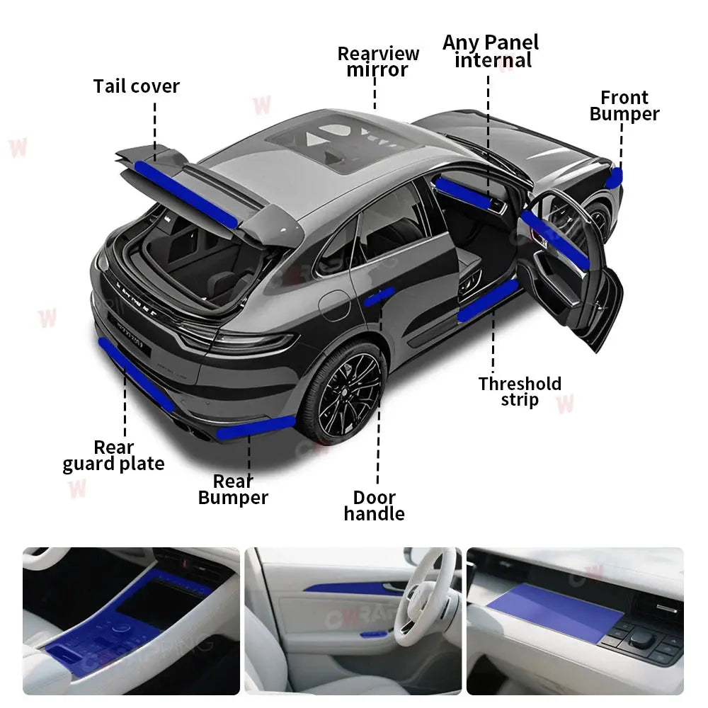 Glossy yellow car wrap film for auto, waterproof DIY vinyl decal; blue accent demo on a black SUV.