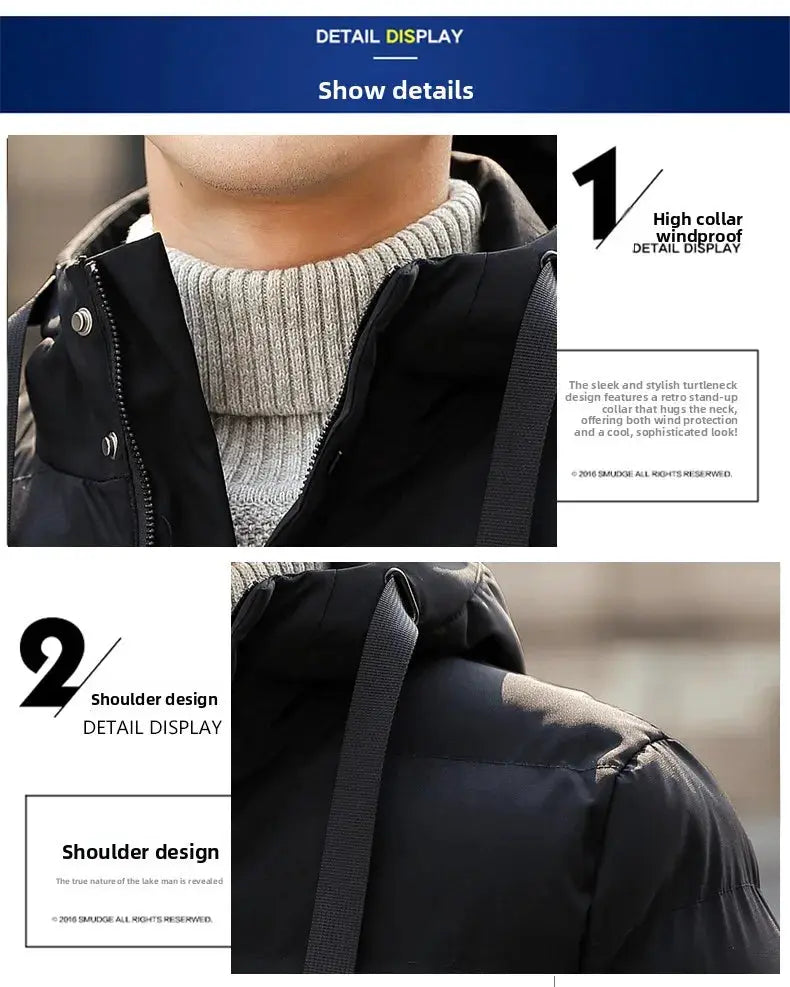 Simples Market mid-length hooded men's winter jacket, black cotton-padded, windproof with high collar
