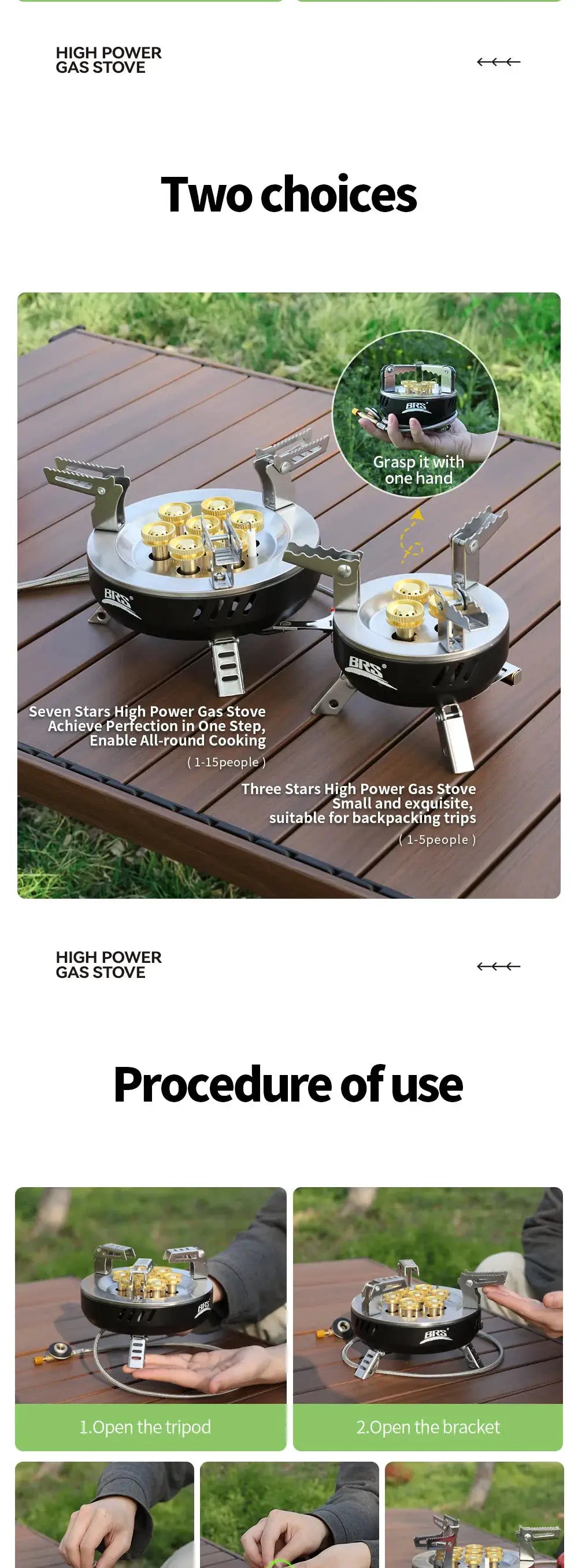 BRS portable folding gas stoves set by Simples Market, two stoves (Seven Star and Three Star), black with brass burners.
