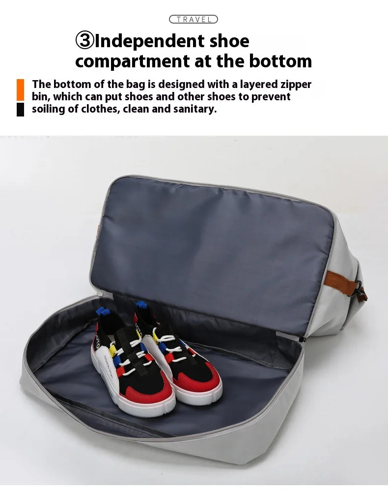 Simples Market large-capacity travel gym bag with a bottom shoe compartment in gray, holding two sneakers.