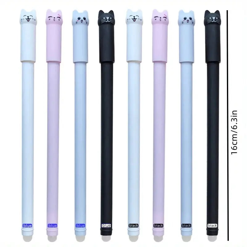 Simples Market cat-themed erasable gel pen set, 0.5mm blue and black ink, 10 pastel pens with cat-head toppers