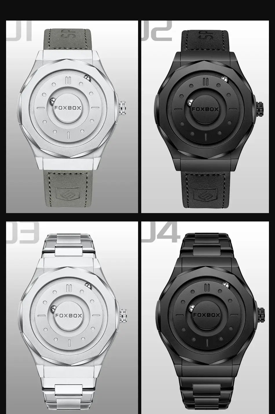 FOXBOX men's stainless steel quartz watch; silver and black finishes shown in a four-view collage by Simples Market