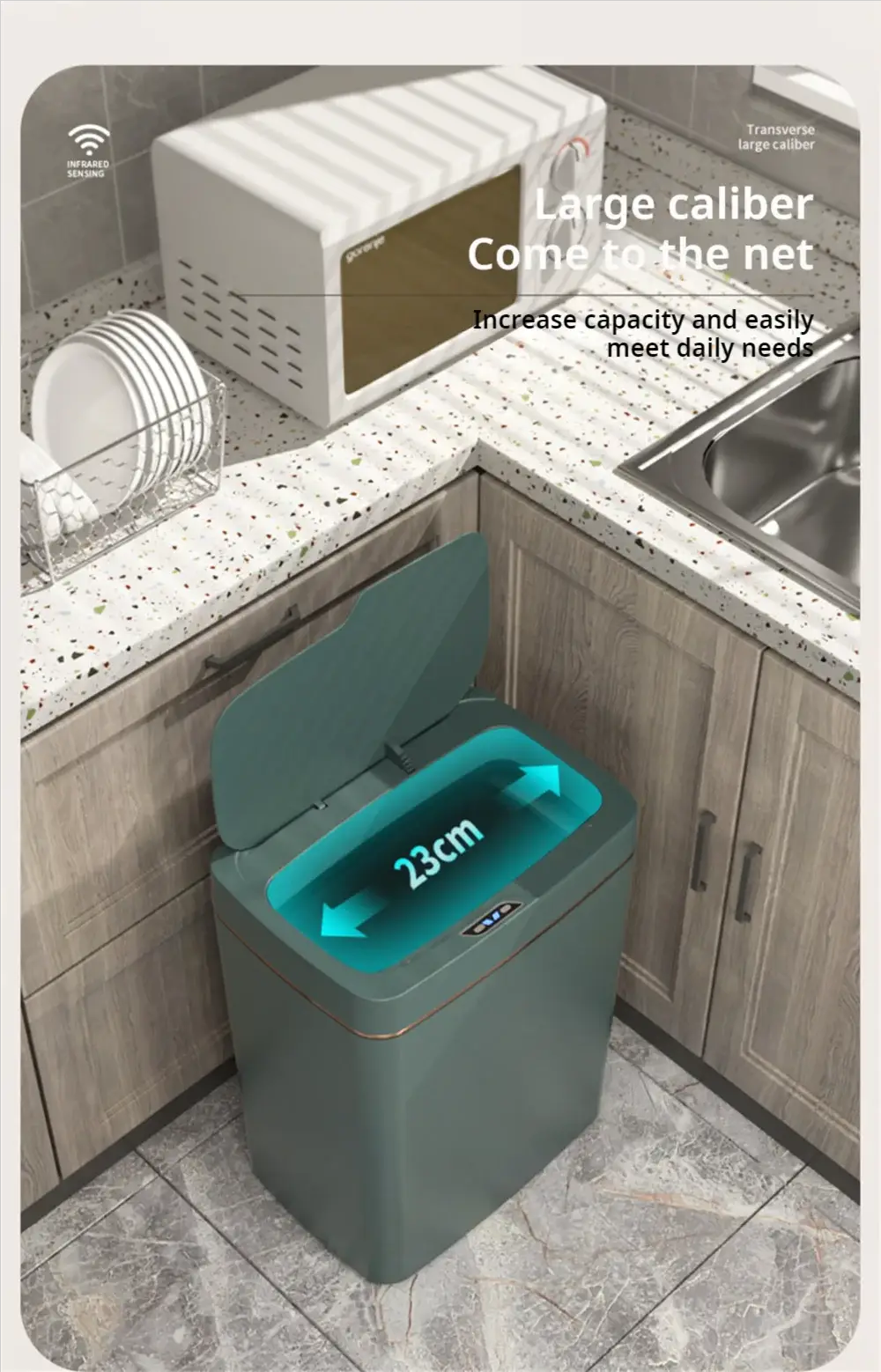Smart trash can by Simples Market; teal touchless 15L sensor bin for kitchen