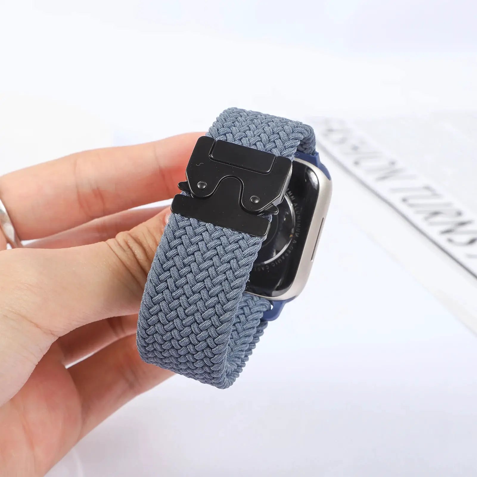 Simples Market Parachute strap for Apple Watch, blue-gray braided band with black metal clasp