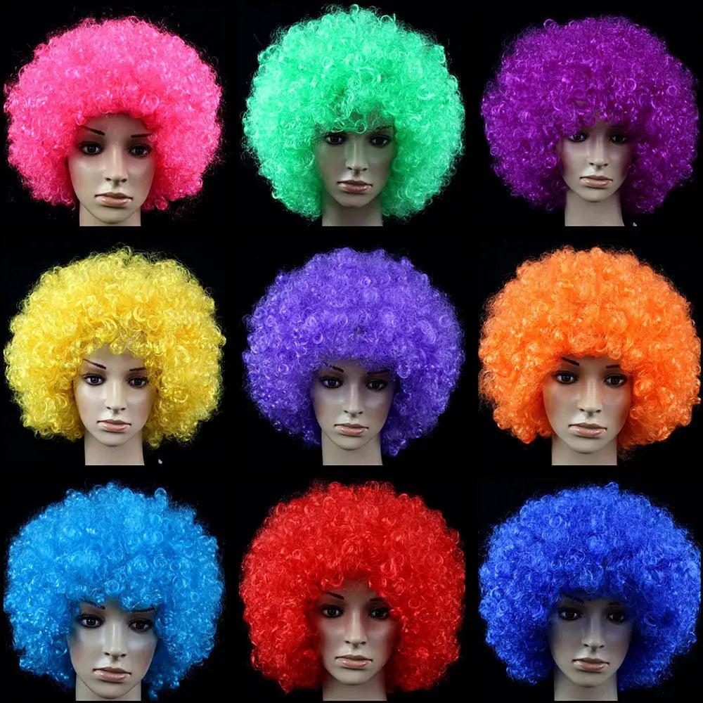 Women’s curly cosplay wig, short wavy synthetic hair in 9 vibrant colors displayed on mannequins