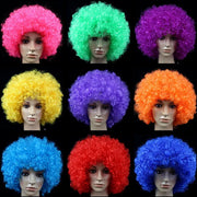 Women’s curly cosplay wig, short wavy synthetic hair in 9 vibrant colors displayed on mannequins