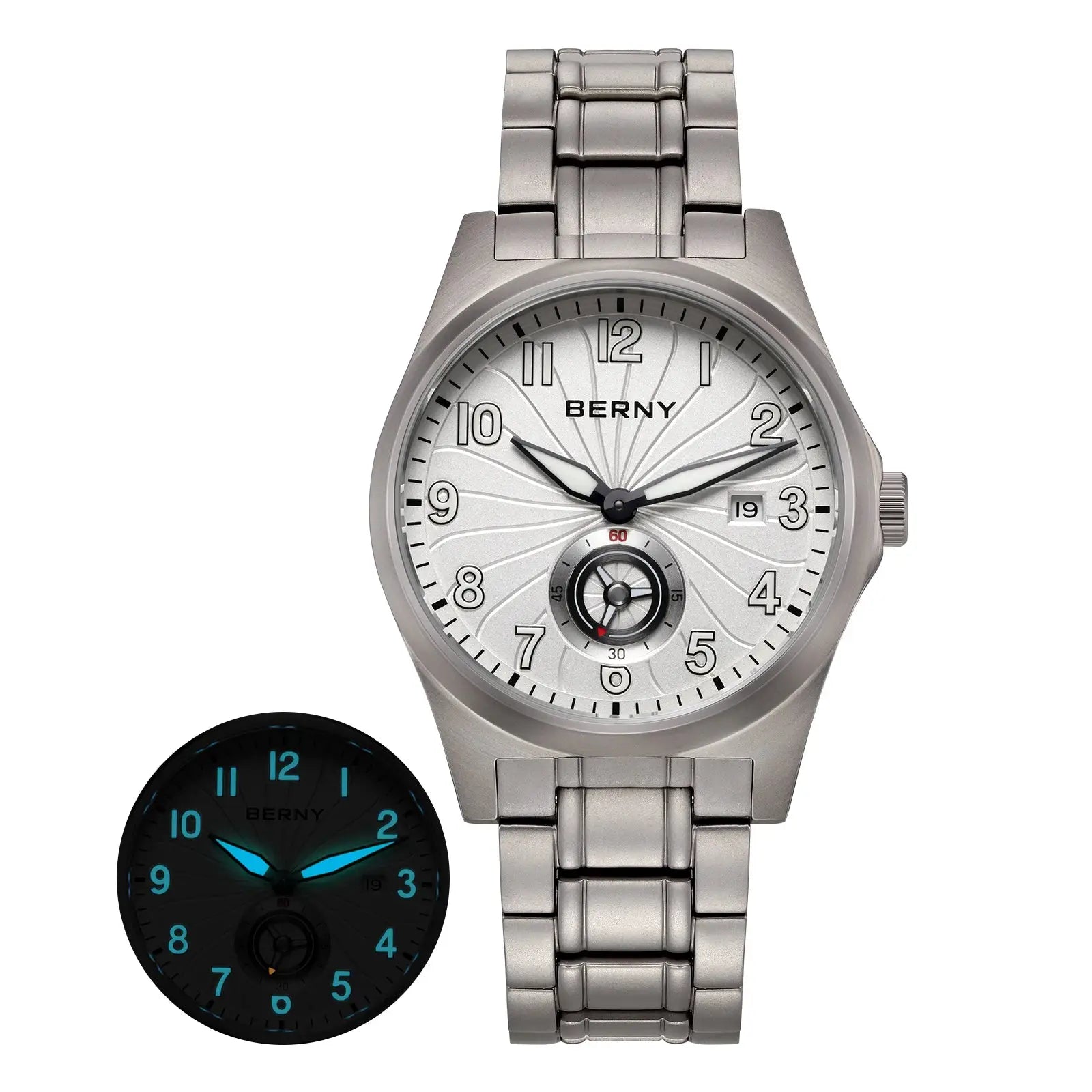 BERNY full titanium automatic men’s watch; silver dial with metal bracelet, plus a second black luminous dial watch (2 watches)