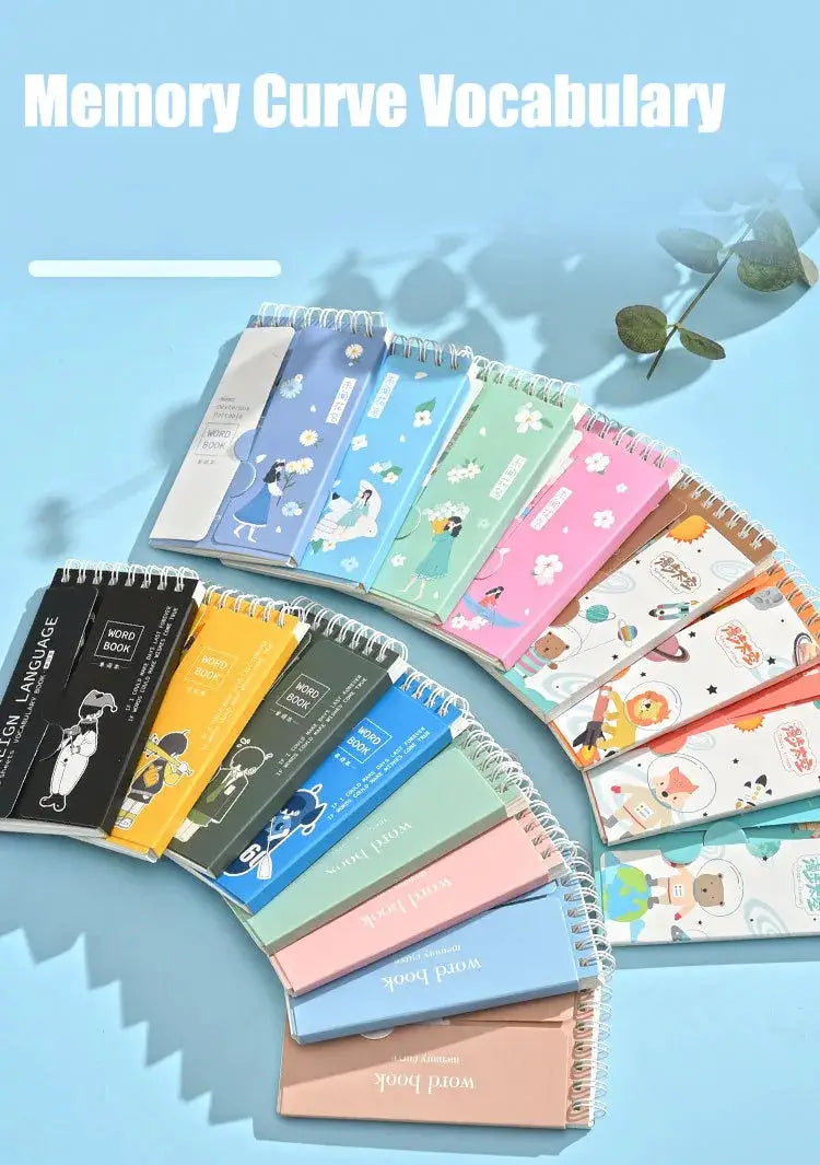 Word book notebooks set by Simples Market; pastel spiral planners in assorted colors.