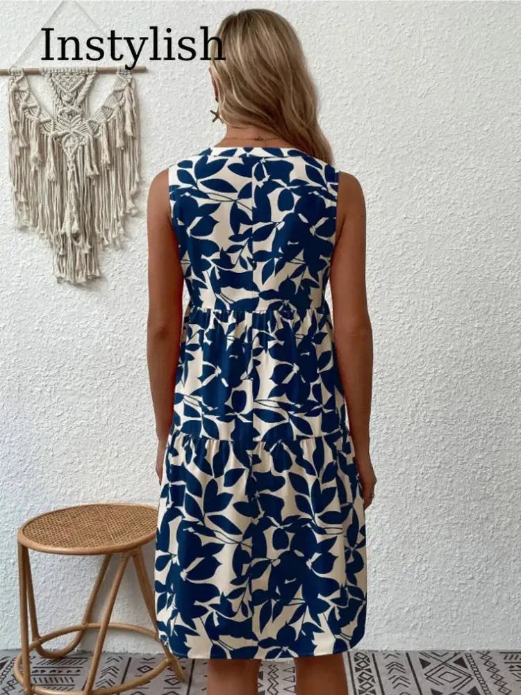 Women Boho Print Mini Dress Sleeveless V Neck Ruffle Beach Sundress