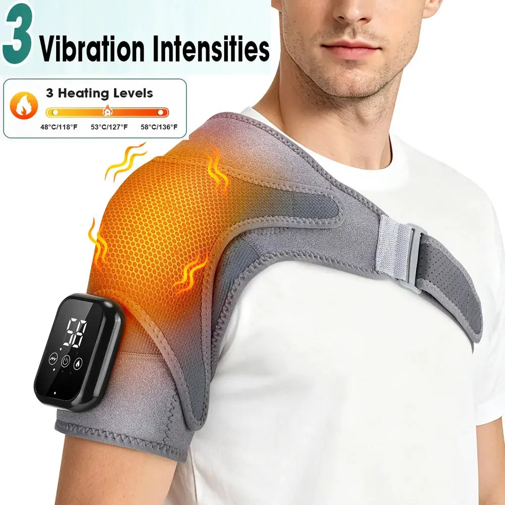 Electric heated shoulder brace by Simples Market with adjustable gray strap and digital control