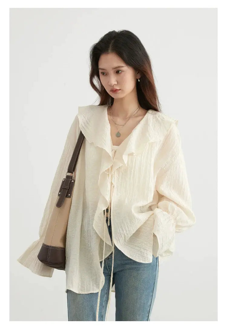CHIC VEN Women Shirt by Simples Market, white loose blouse with ruffled edges, V-neck lace-up, long sleeves