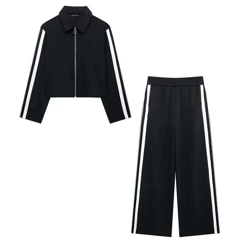 2024 New Women Patchwork Black White Baggy Pants Short Jacket Set