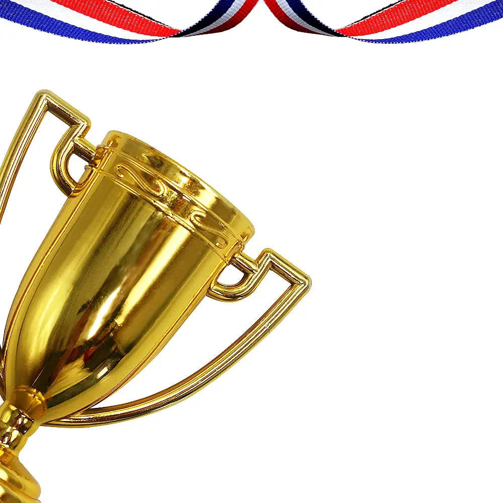 Gold plastic trophy prize with red, white and blue ribbon for kids' birthday party favors