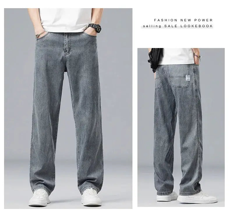 Summer Ultra-thin Lyocell men's jeans by Simples Market; light gray, loose straight denim, front and back views.