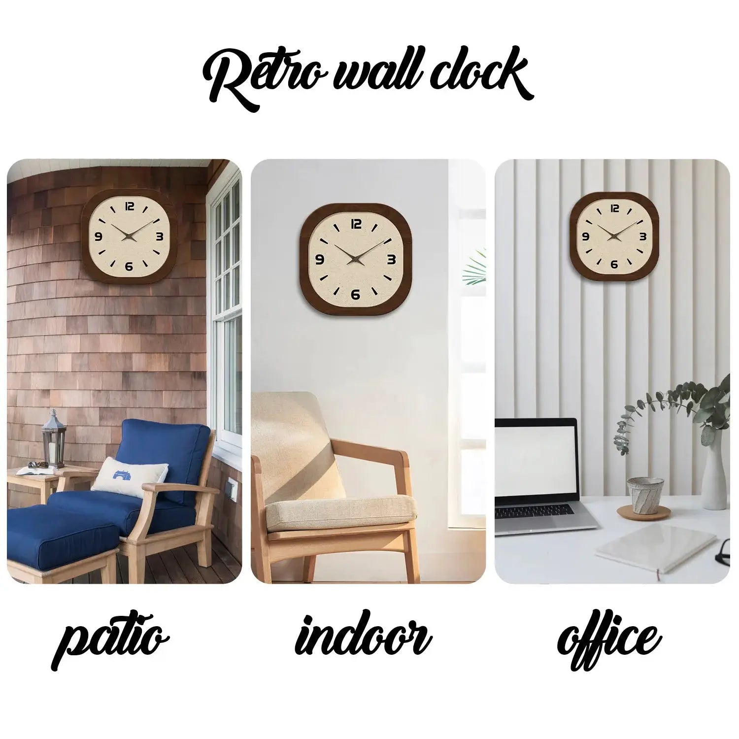 French-style retro cream porcelain square wooden wall clocks by Simples Market; three clocks