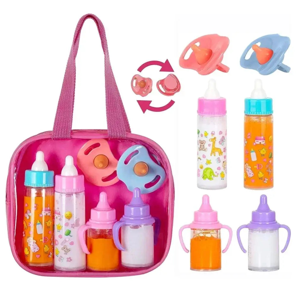 Two Piece Baby Doll Feeding Bottle Set With Milk And Juice Bottles And Pacifier For Dolls