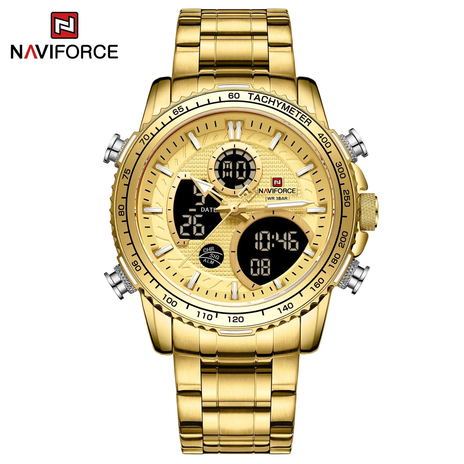 NAVIFORCE gold men's luxury sport chronograph wristwatch with steel band
