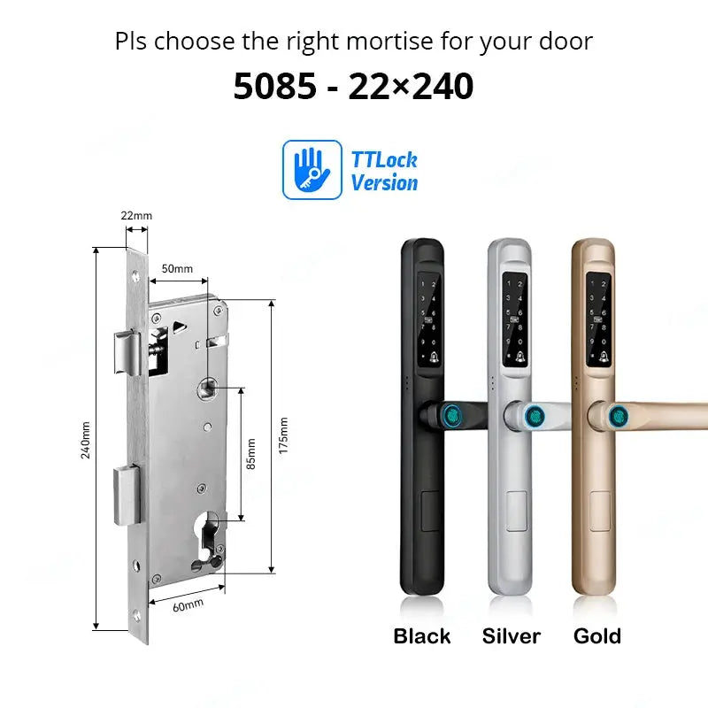 Smart door lock with TTLock Version; fingerprint, Bluetooth, RFID keypad; 92/85mm aluminum/glass; Black, Silver, Gold