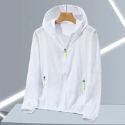 White lightweight hooded sun-protection jacket with neon zip pulls, breathable windbreaker for men.