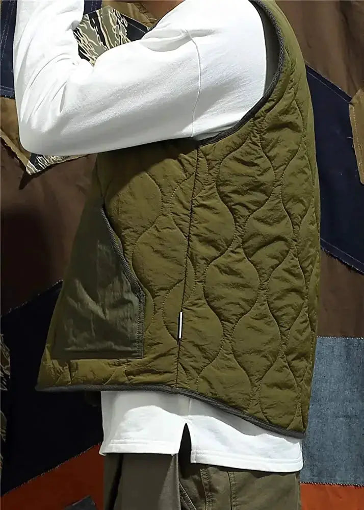 Simples Market vintage cotton padded vest, olive green quilted sleeveless men's outerwear