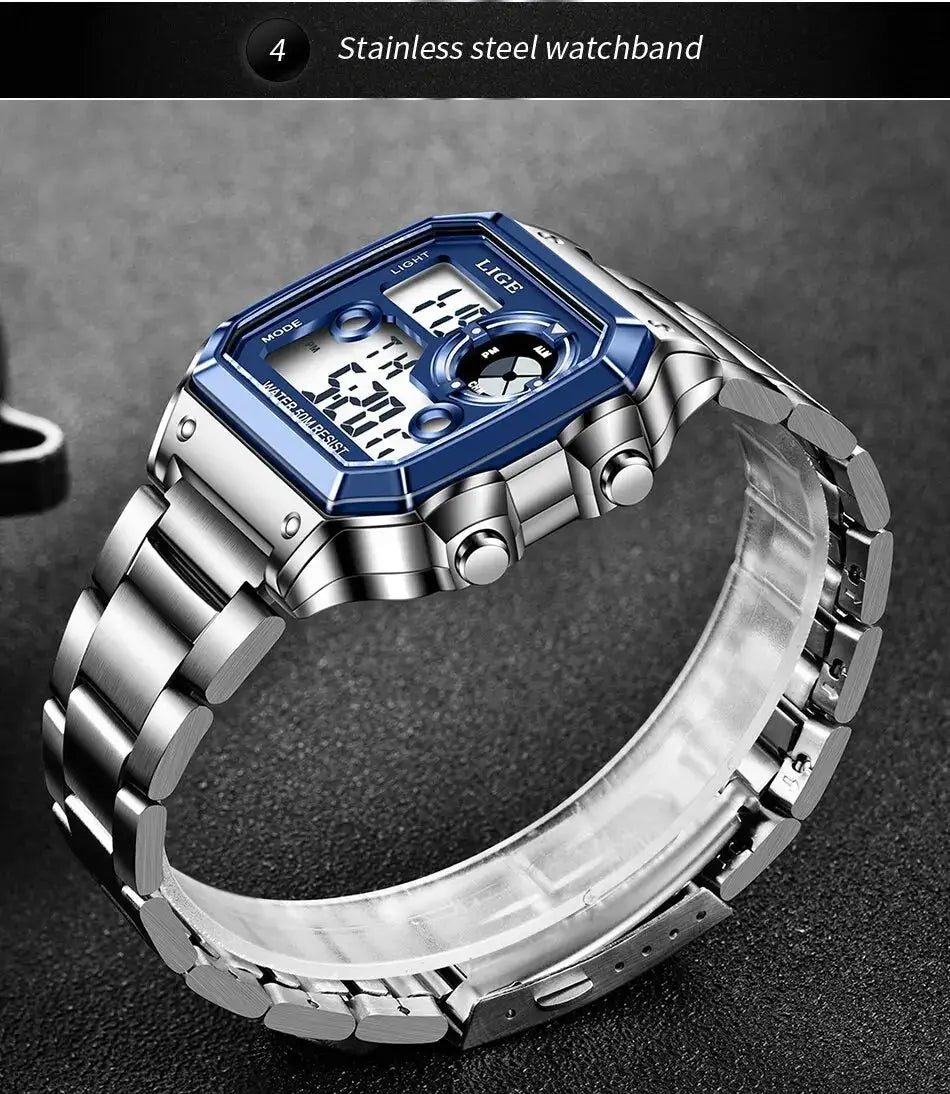 LIGE men's digital wristwatch with stainless steel band and blue bezel