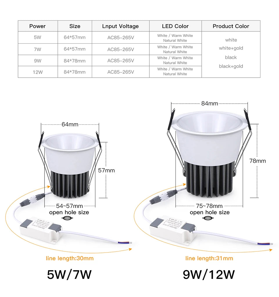 Simples Market recessed COB LED spotlight bulbs; white housing with black heatsink, 5W/7W and 9W/12W downlight sets