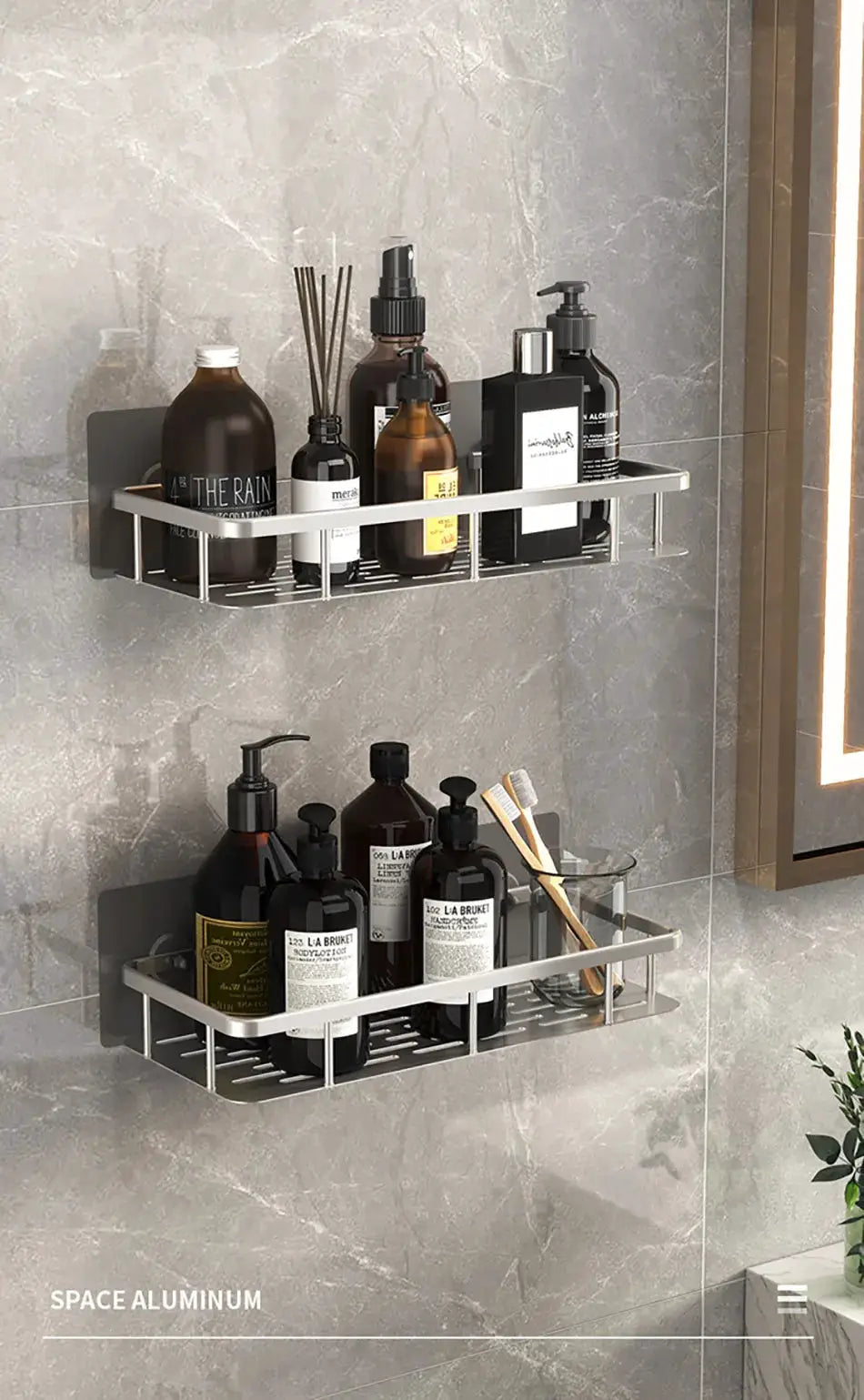 Bathroom storage rack no drill wall-mounted corner shelves by Simples Market in space aluminum (2-shelf set)