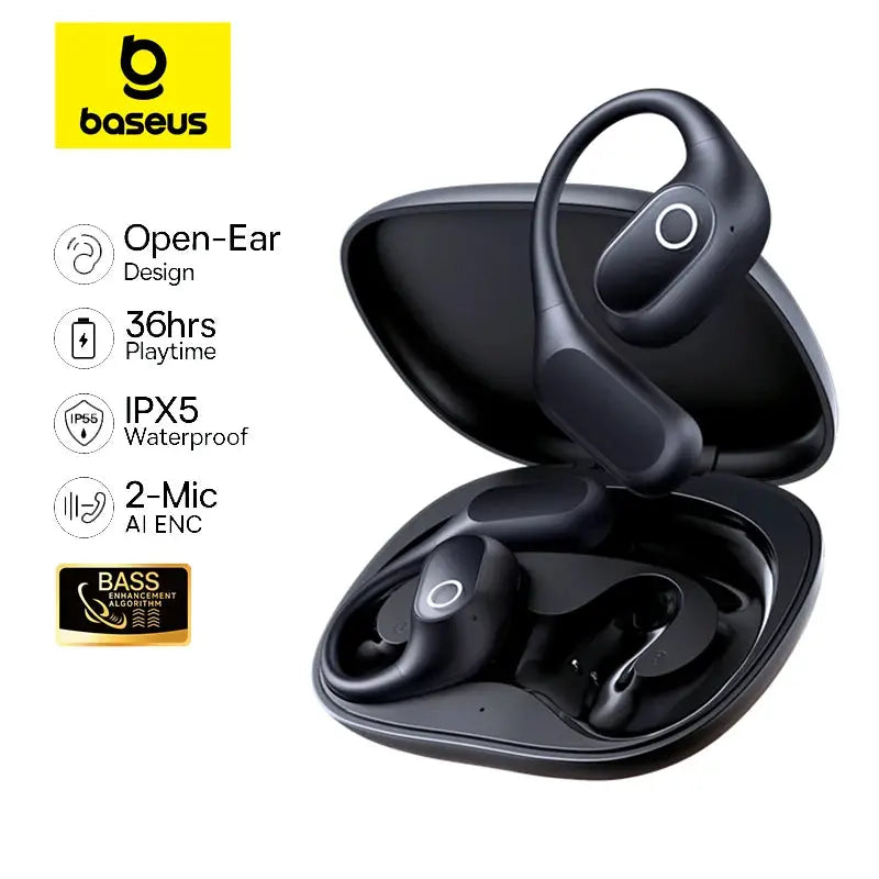 Baseus Eli 2i Fit open-ear true wireless earbuds in black with charging case