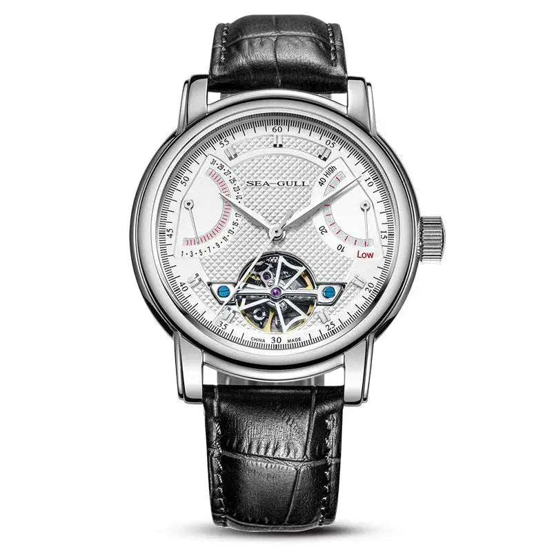 Men's automatic Sea-Gull wristwatch with silver case, white guilloché dial, exposed flywheel, black leather strap.