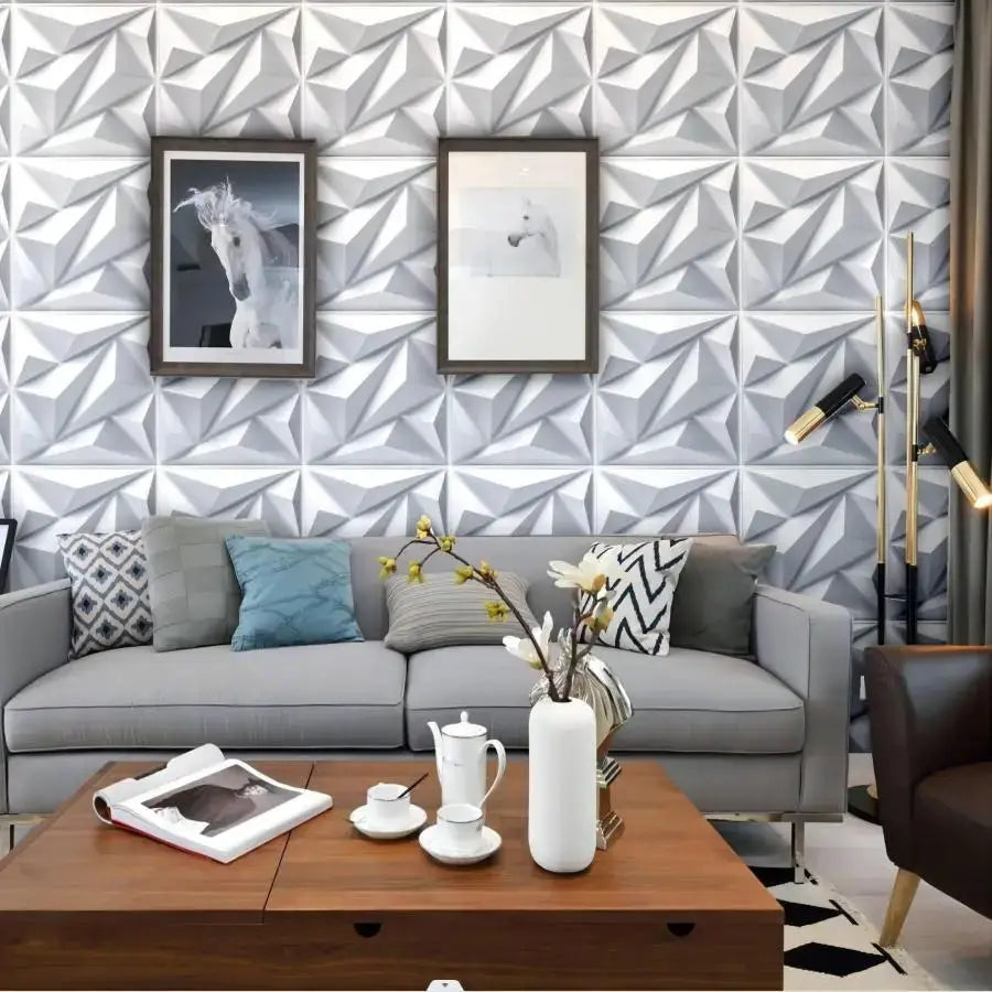 3D textured wall panels (30 cm x 30 cm) in light gray with a geometric diamond pattern for living room decor
