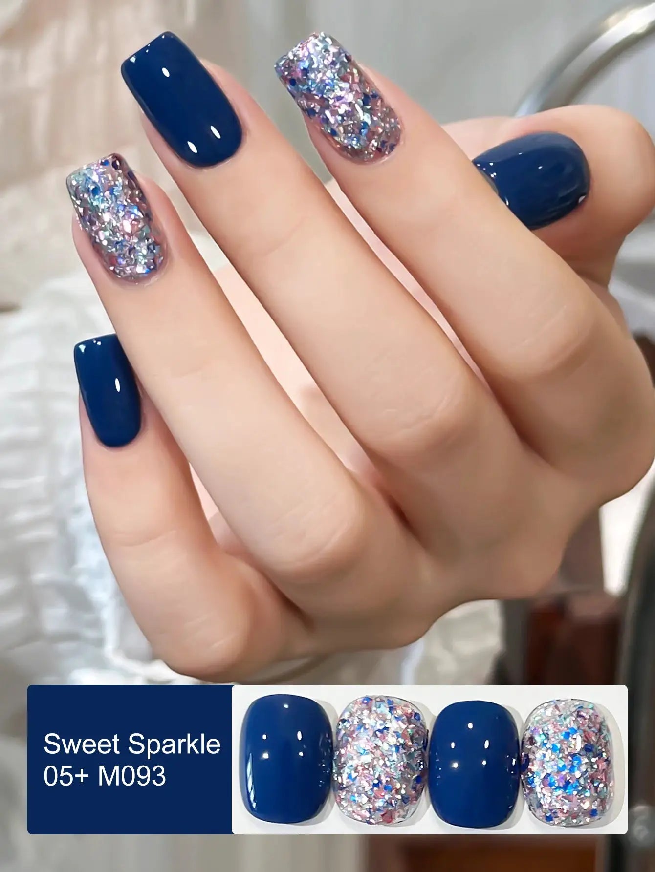 Simples Market nail art gel set; four nails shown with solid navy blue polish and glitter candy-sequin nails