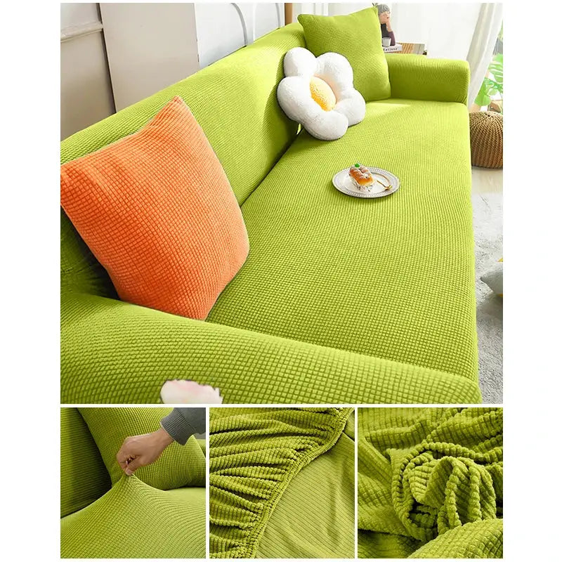 Elastic jacquard sofa cover for L-shaped sectional; lime green, stretch fabric with elastic edging