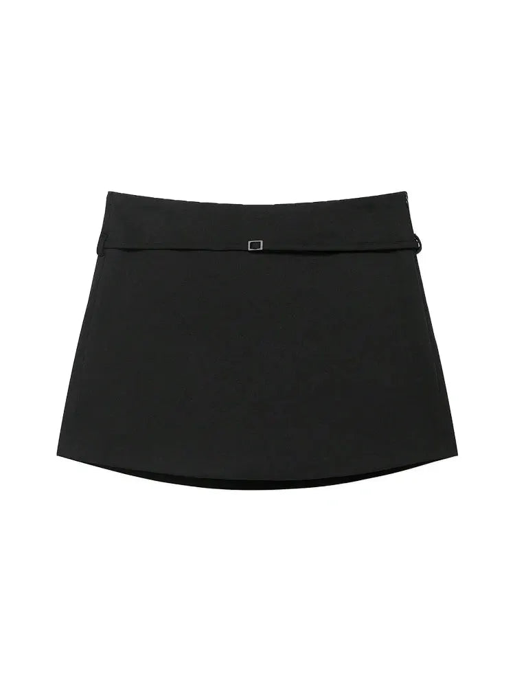 Women's black skort with belt and side zipper for casual, stylish wear.