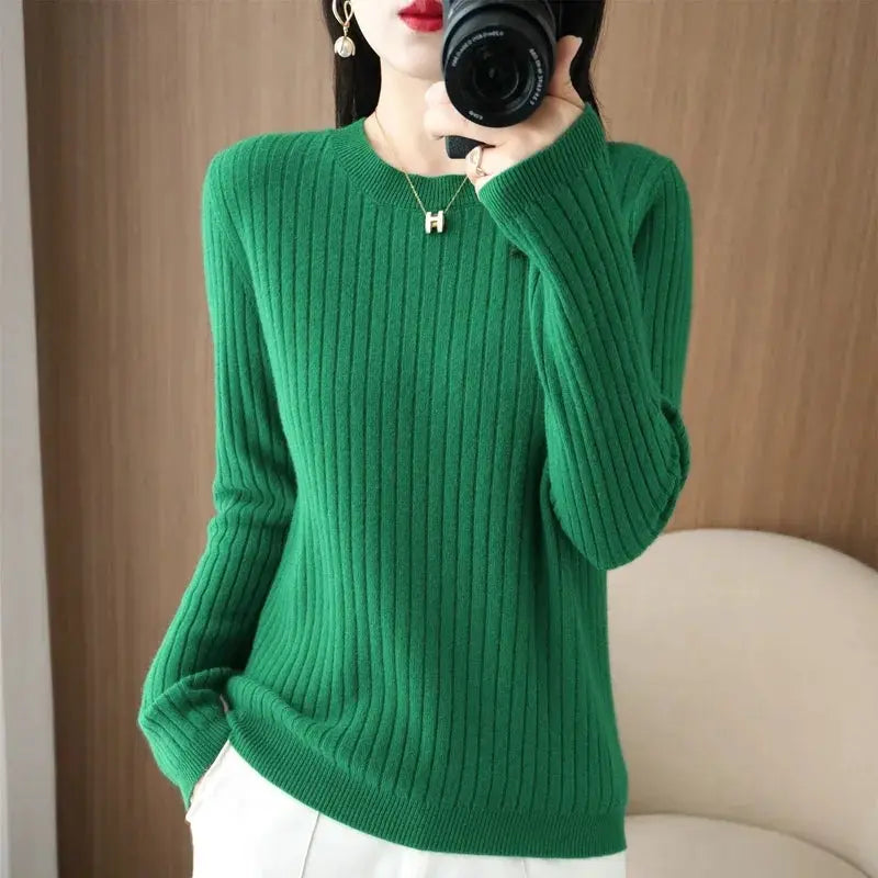Aurora Knitwear Warm O Neck Stripe Loose Fit Sweater For Autumn Winter Layering Cozy Knit