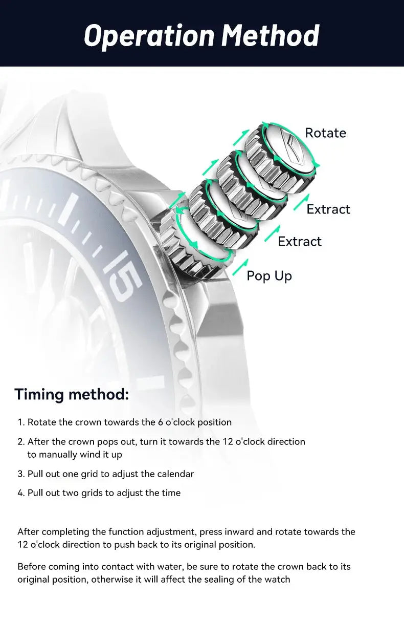 Seagull Relogio Masculino watch by Simples Market, stainless steel 200m diving model with crown adjustment diagram