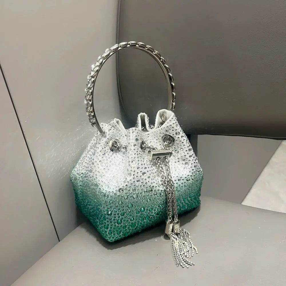 Simples Market rhinestone evening clutch bag, white-to-teal gradient with crystal-ring handle and tassel