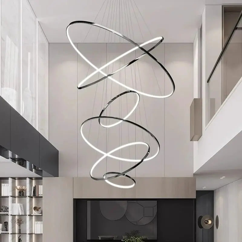 Simples Market spiral LED pendant light chandelier with black metal rings and glowing white LEDs