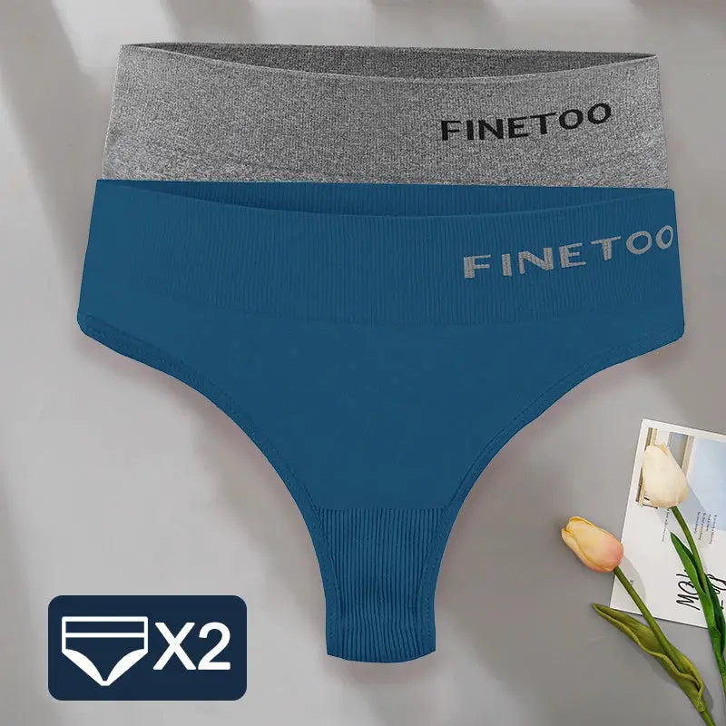 FINETOO 2-pack high-waist thong underwear for women, blue and gray with branded waistbands