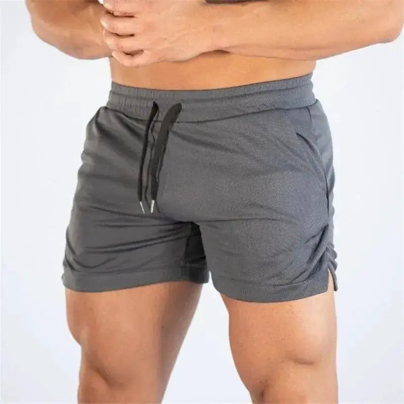 Men's gray fitness shorts with drawstring waistband, lightweight gym shorts for running