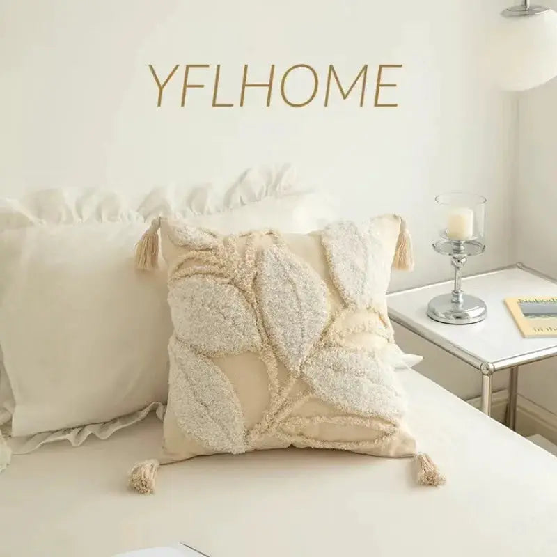 Bohemian geometric embroidered pillow cover with tassels, cream beige cushion for living room decor