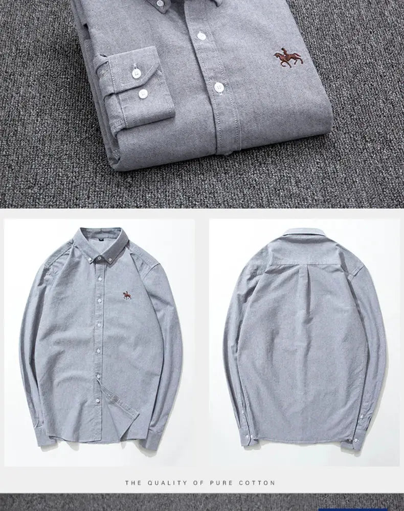 Casual pure cotton oxford men's long-sleeve shirt with brown horse embroidery, Simples Market, light blue-gray