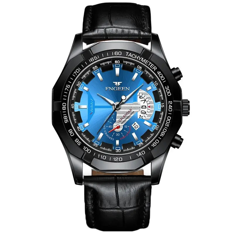Men's quartz wristwatch with blue dial, black leather strap, and tachymeter bezel - FNGEEN