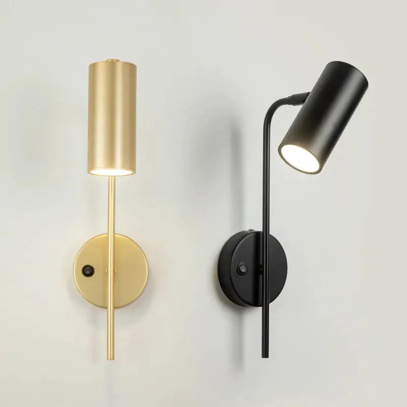 Simples Market rotatable hotel bedroom wall lamp pair; iron frame with cylindrical plastic shades in gold and black
