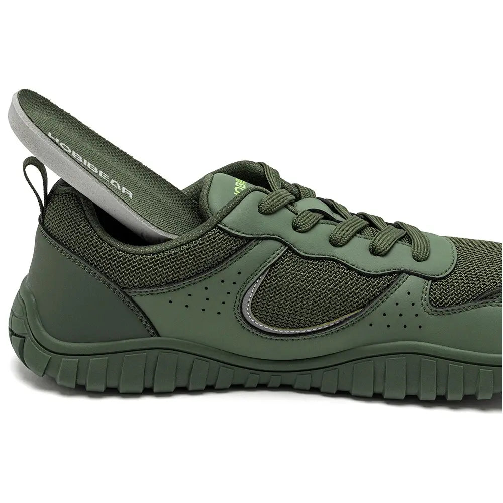 HOBIBEAR unisex olive-green wide-toe sneakers with lace-up front and rugged outsole
