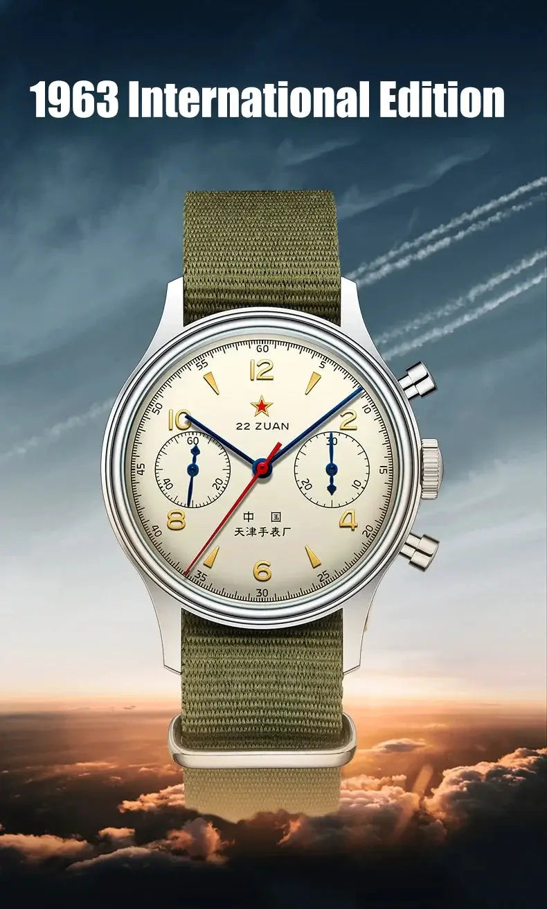 Seagull 1963 International Edition men's mechanical chronograph watch with olive green fabric strap